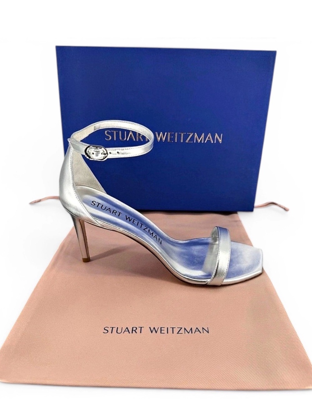 Stuart Weitzman Metallic Silver Ankle-Strap High Heel Sandal